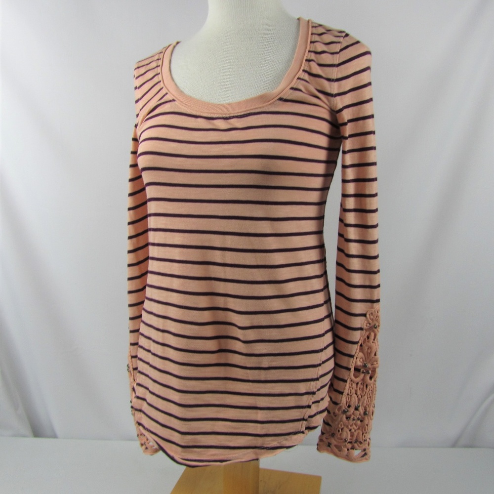 Free People Top Tee Small Stripe Lace Cuff Cotton